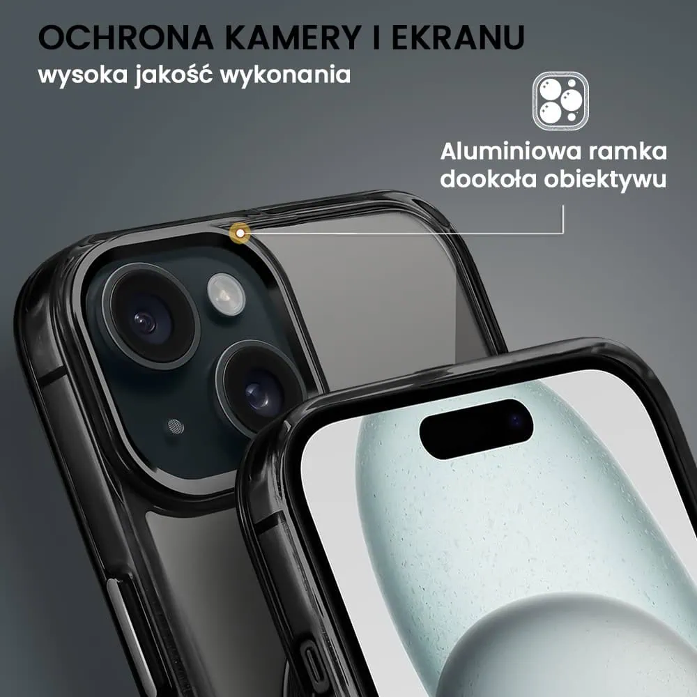 Etui do iPhone 15 Super Hybrid z MagSafe, twardy tył, metalowe ozdoby, czarne