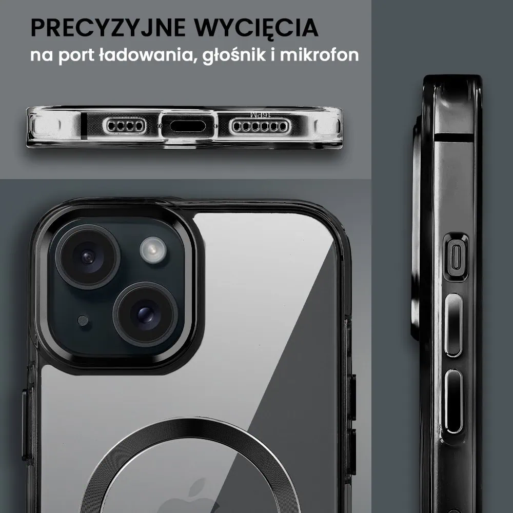 Etui do iPhone 15 Super Hybrid z MagSafe, twardy tył, metalowe ozdoby, czarne