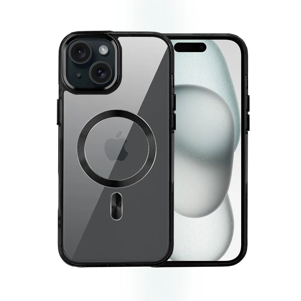Etui do iPhone 15 Super Hybrid z MagSafe, twardy tył, metalowe ozdoby, czarne