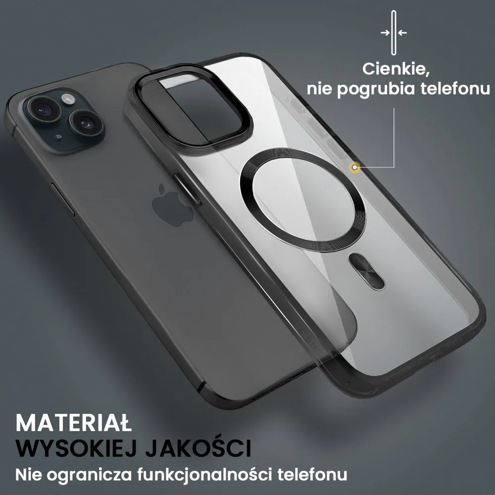 Etui do iPhone 15 Super Hybrid z MagSafe, twardy tył, metalowe ozdoby, czarne