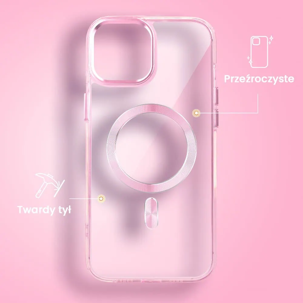 Etui do iPhone 15 Super Hybrid z MagSafe, twardy tył, metalowe ozdoby, różowe