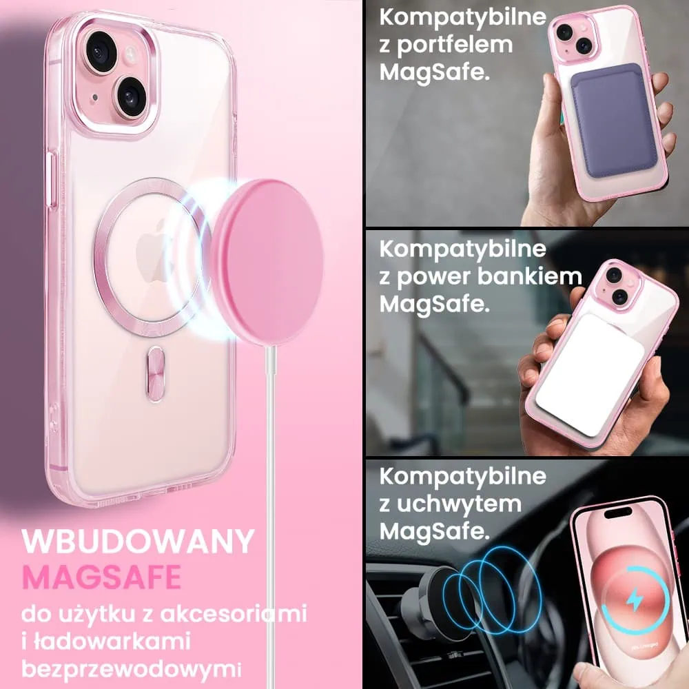 Etui do iPhone 15 Super Hybrid z MagSafe, twardy tył, metalowe ozdoby, różowe