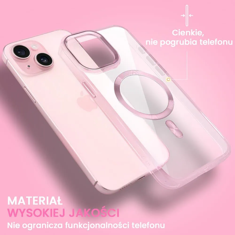 Etui do iPhone 15 Super Hybrid z MagSafe, twardy tył, metalowe ozdoby, różowe