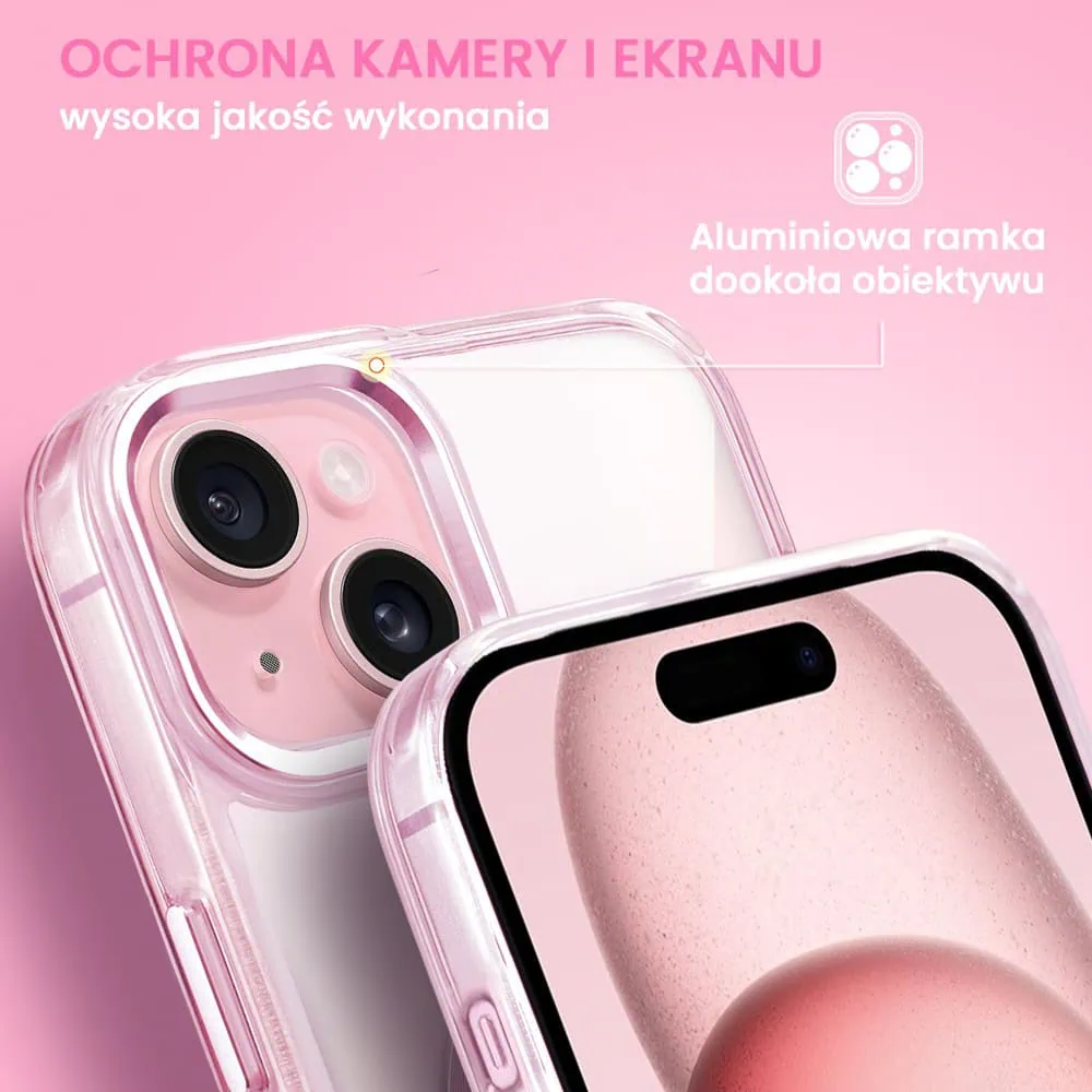 Etui do iPhone 15 Super Hybrid z MagSafe, twardy tył, metalowe ozdoby, różowe