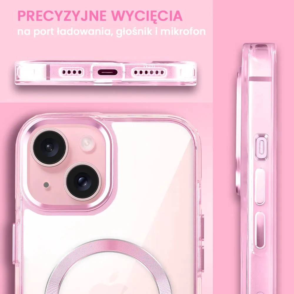Etui do iPhone 15 Super Hybrid z MagSafe, twardy tył, metalowe ozdoby, różowe