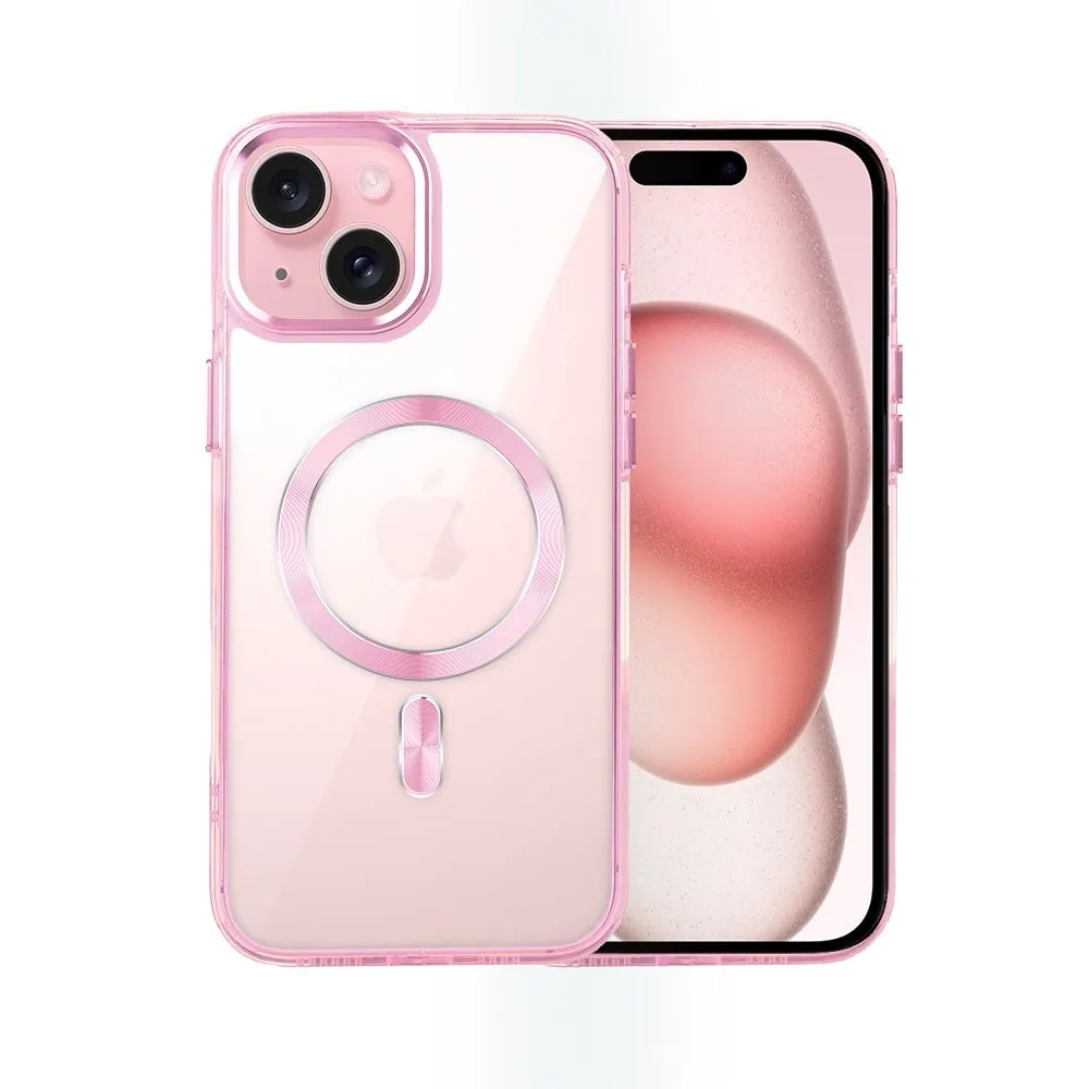 Etui do iPhone 15 Super Hybrid z MagSafe, twardy tył, metalowe ozdoby, różowe