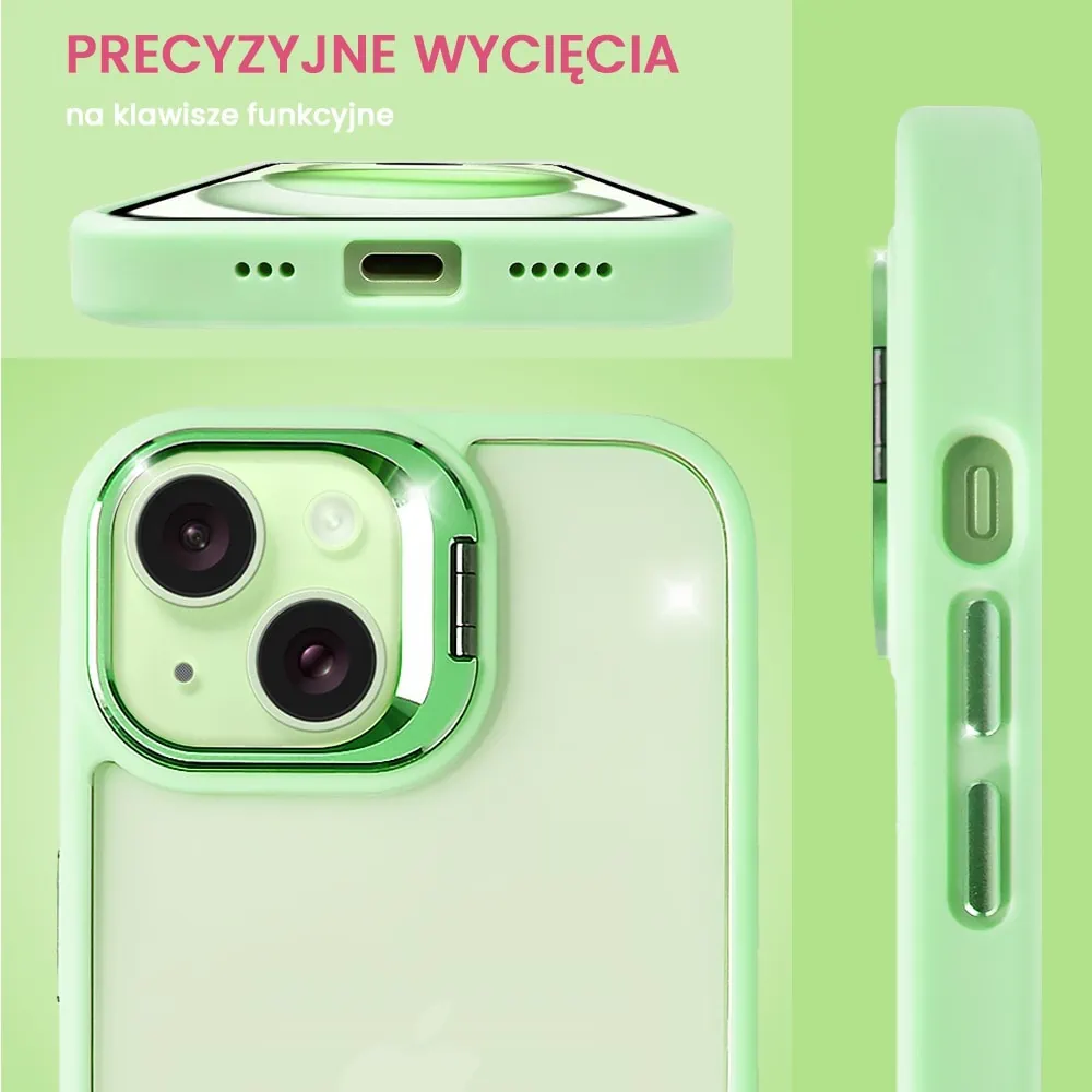 Etui do iPhone 15 Plus cienkie przeźroczyste, 3w1 z podstawką i osłoną aparatu, miętowe