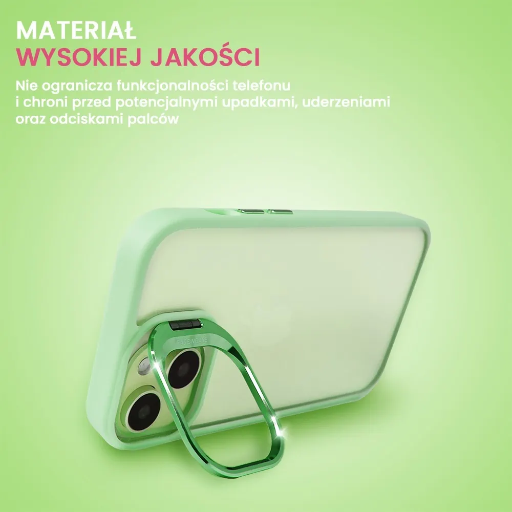 Etui do iPhone 15 Plus cienkie przeźroczyste, 3w1 z podstawką i osłoną aparatu, miętowe