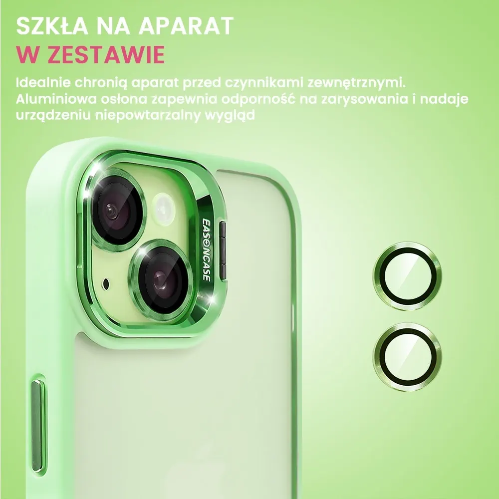 Etui do iPhone 15 Plus cienkie przeźroczyste, 3w1 z podstawką i osłoną aparatu, miętowe