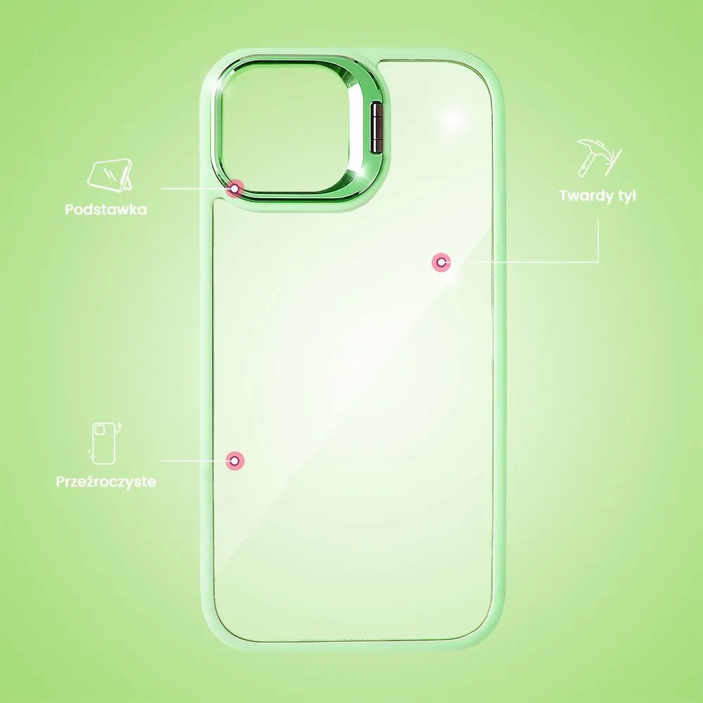 Etui do iPhone 15 Plus cienkie przeźroczyste, 3w1 z podstawką i osłoną aparatu, miętowe