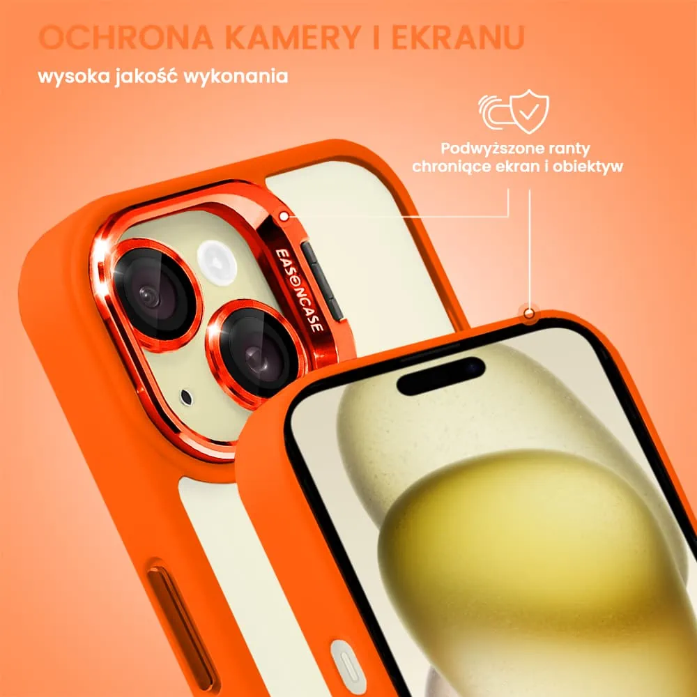 Etui do iPhone 15 Plus cienkie przeźroczyste, 3w1 z podstawką i osłoną aparatu, pomarańczowe
