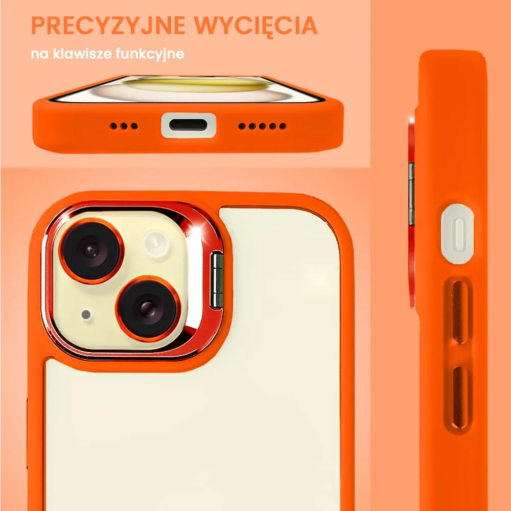 Etui do iPhone 15 Plus cienkie przeźroczyste, 3w1 z podstawką i osłoną aparatu, pomarańczowe