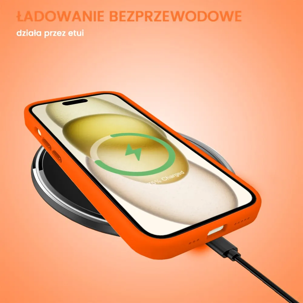 Etui do iPhone 15 Plus cienkie przeźroczyste, 3w1 z podstawką i osłoną aparatu, pomarańczowe