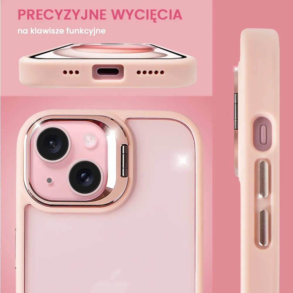 Etui do iPhone 15 Plus cienkie przeźroczyste, 3w1 z podstawką i osłoną aparatu, różowe