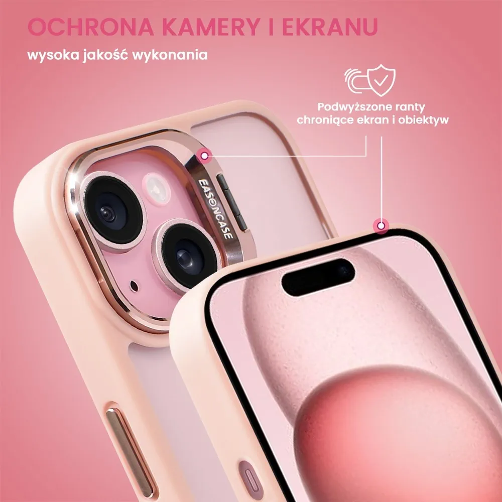 Etui do iPhone 15 Plus cienkie przeźroczyste, 3w1 z podstawką i osłoną aparatu, różowe