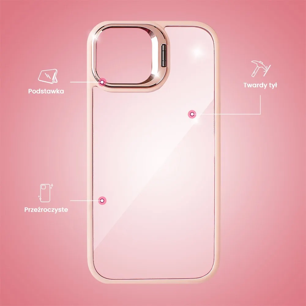 Etui do iPhone 15 Plus cienkie przeźroczyste, 3w1 z podstawką i osłoną aparatu, różowe