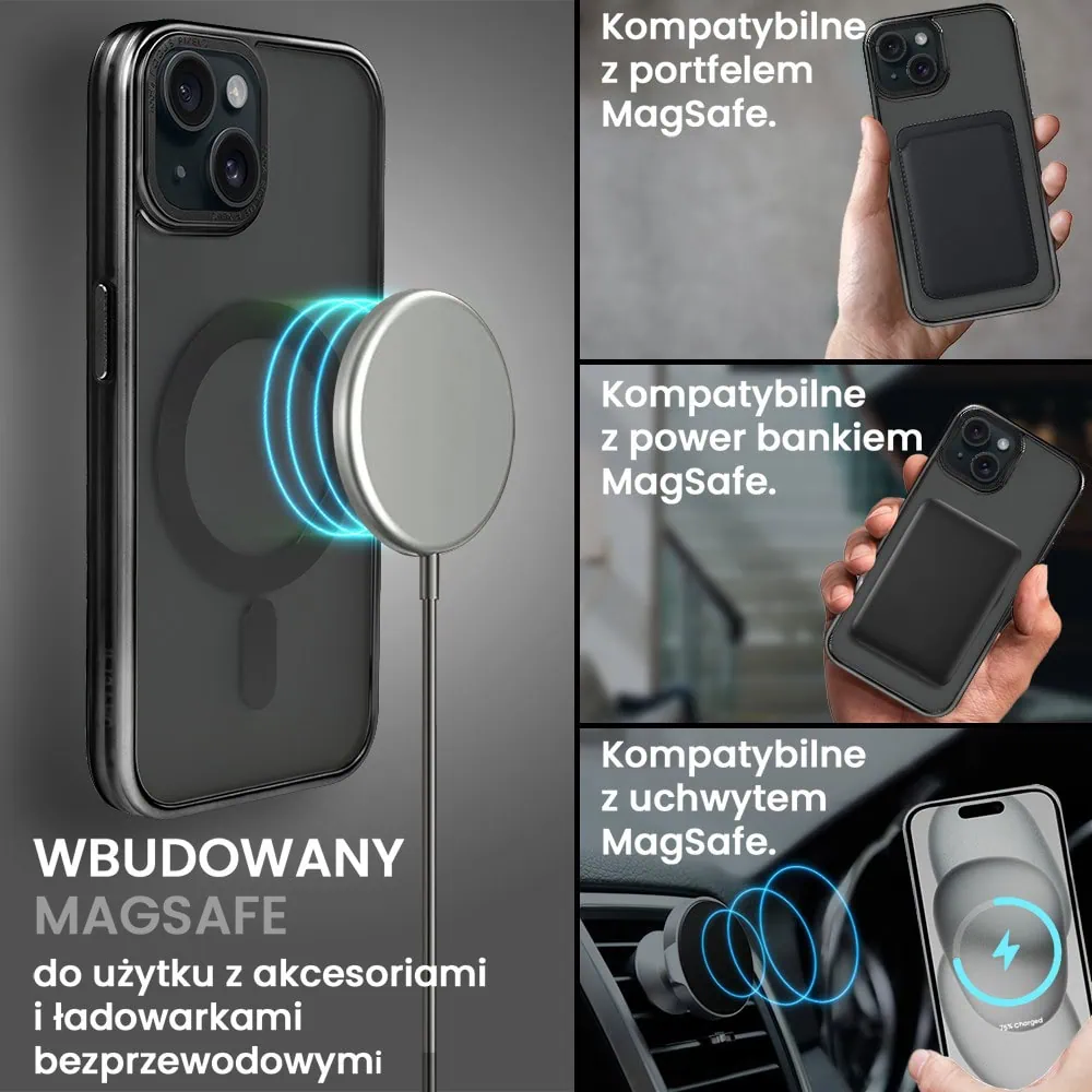 Etui do iPhone 15 cienkie, elastyczne, wzmocniona ramka, Titanium Finish, czarne