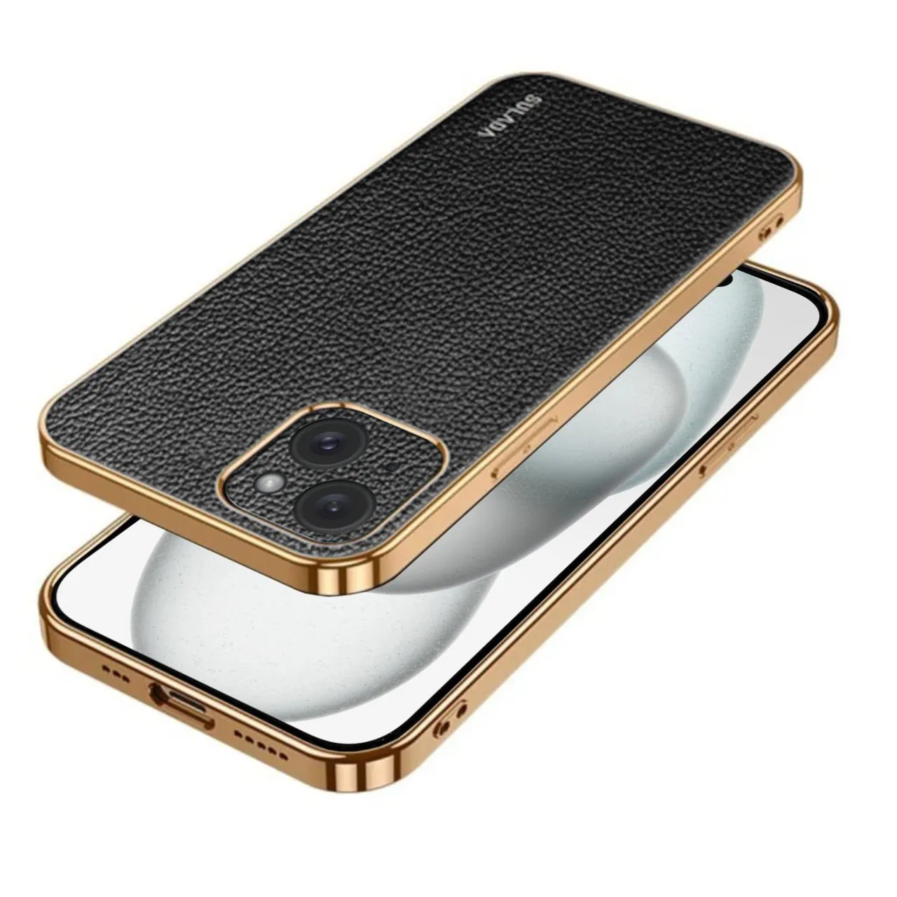 Etui do iPhone 15 Plus eleganckie luksusowe skórzane, z osłoną kamery, czarne ze złotem