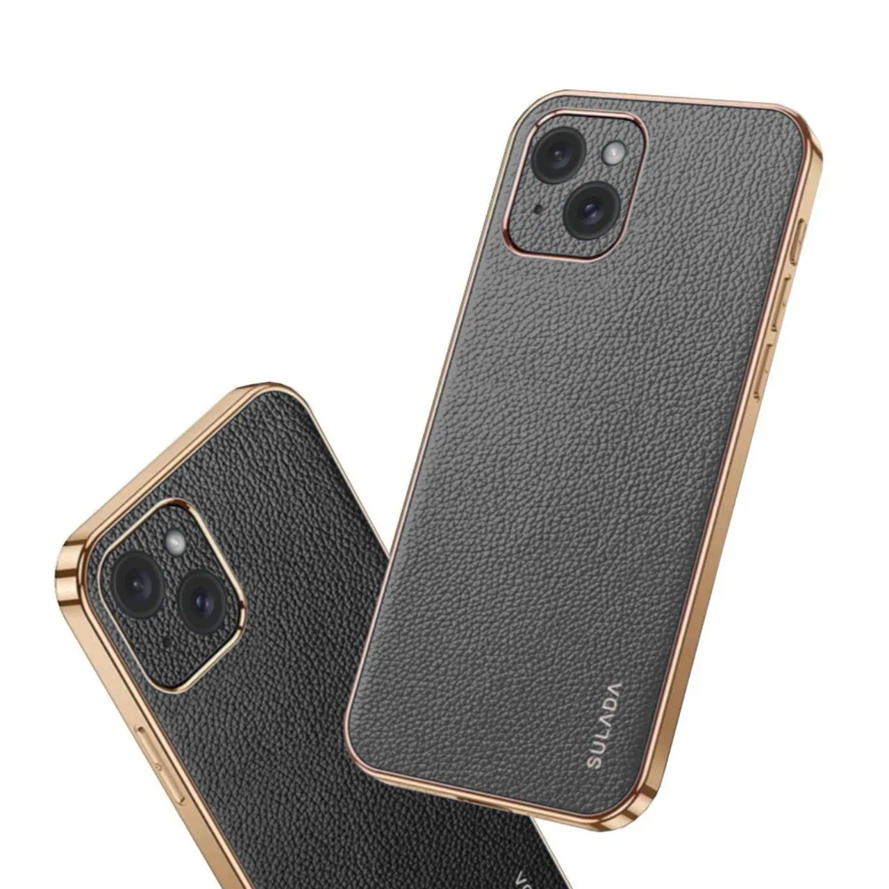 Etui do iPhone 15 Plus eleganckie luksusowe skórzane, z osłoną kamery, czarne ze złotem
