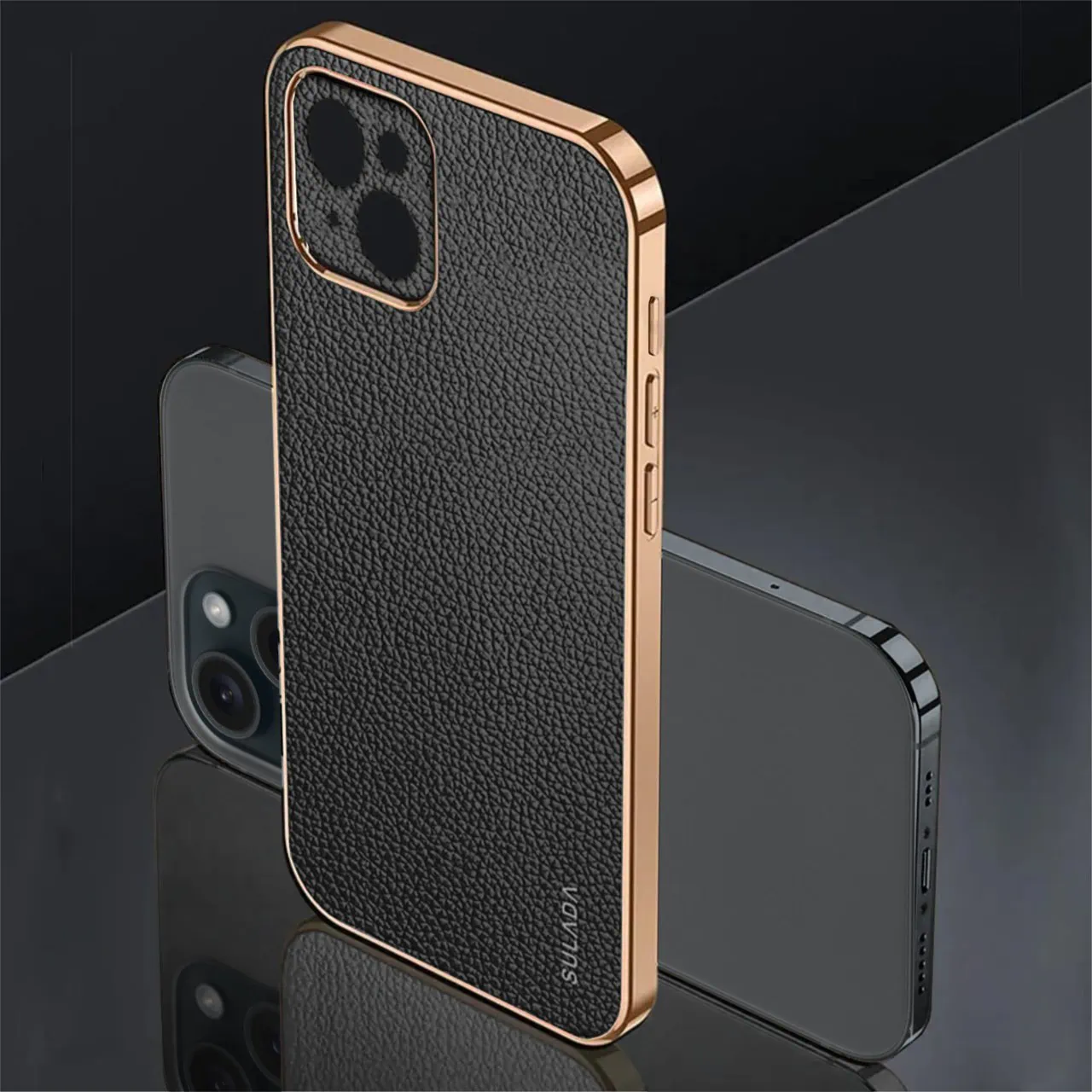 Etui do iPhone 15 Plus eleganckie luksusowe skórzane, z osłoną kamery, czarne ze złotem