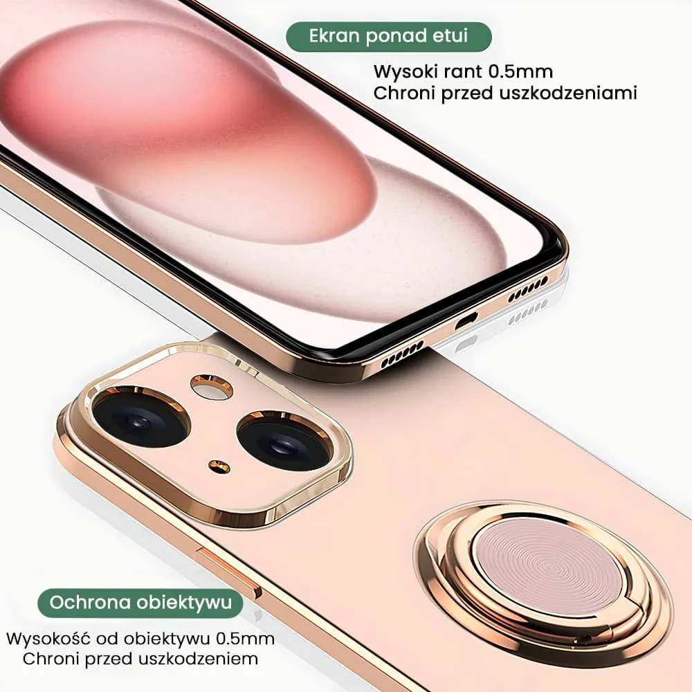 Etui do iPhone 15 eleganckie, ze złotym, metalowym uchwytem i zdobieniami, osłona na aparat, złoty róż
