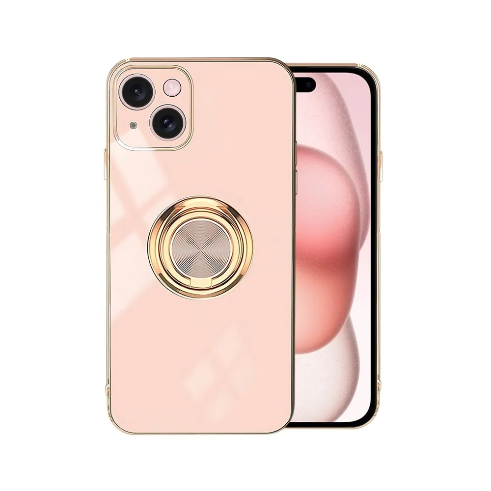 Etui do iPhone 15 eleganckie, ze złotym, metalowym uchwytem i zdobieniami, osłona na aparat, złoty róż