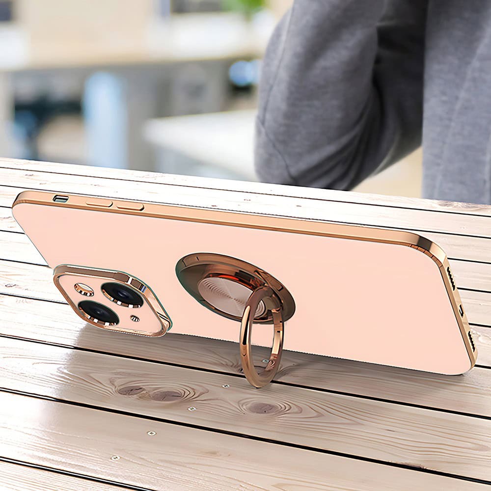 Etui do iPhone 15 eleganckie, ze złotym, metalowym uchwytem i zdobieniami, osłona na aparat, złoty róż