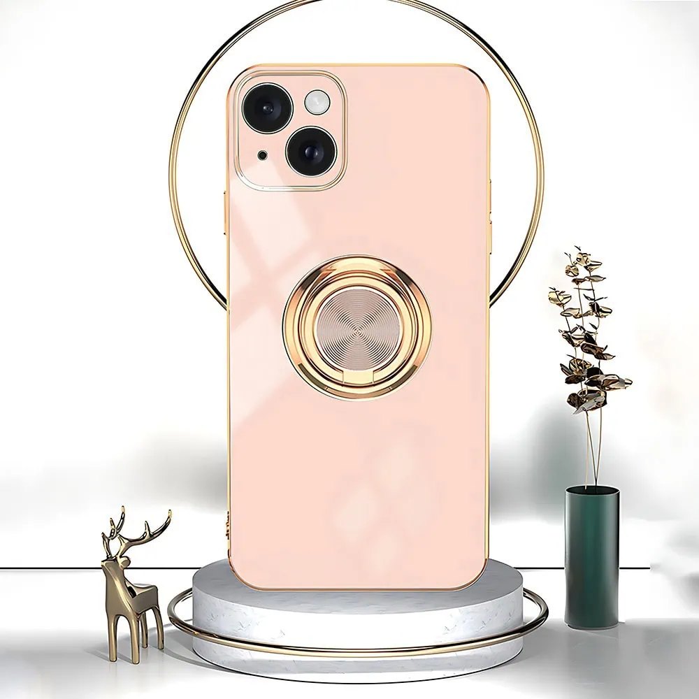 Etui do iPhone 15 eleganckie, ze złotym, metalowym uchwytem i zdobieniami, osłona na aparat, złoty róż