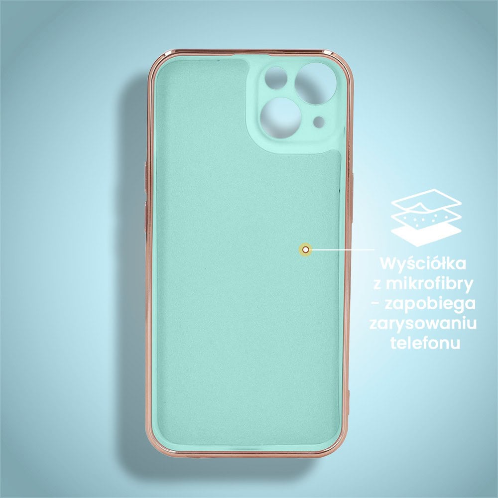 Etui do iPhone 15 Plus eleganckie, ze złotym metalowym uchwytem i zdobieniami, osłona na aparat, lazurowo miętowe