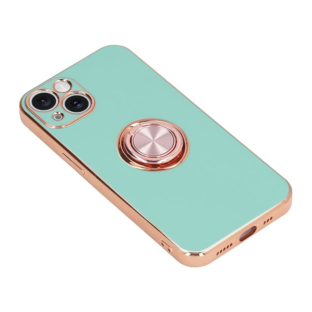 Etui do iPhone 15 Plus eleganckie, ze złotym metalowym uchwytem i zdobieniami, osłona na aparat, lazurowo miętowe