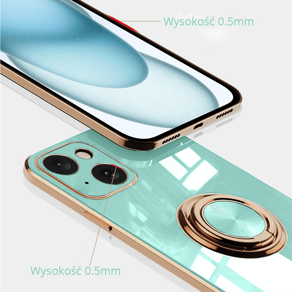 Etui do iPhone 15 Plus eleganckie, ze złotym metalowym uchwytem i zdobieniami, osłona na aparat, lazurowo miętowe