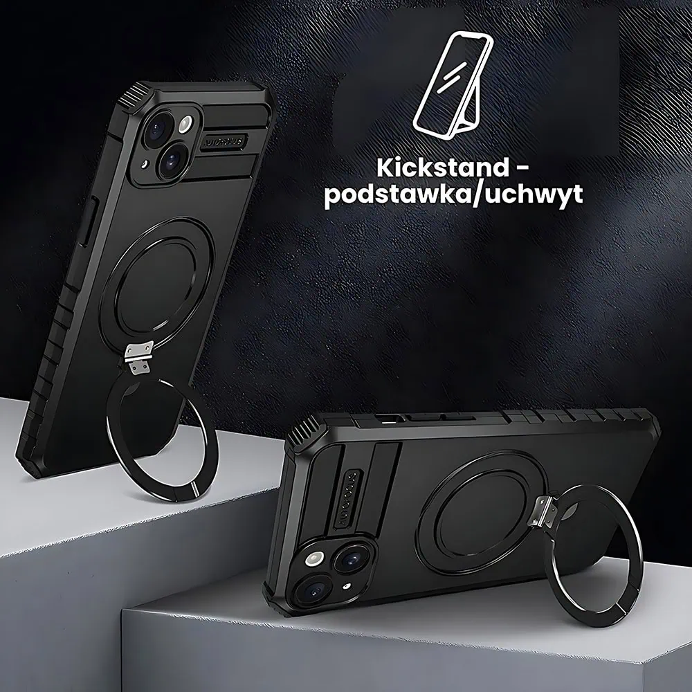 Etui do iPhone 15, pancerne, z osłoną aparatu i metalową podstawką MagSafe, czarne