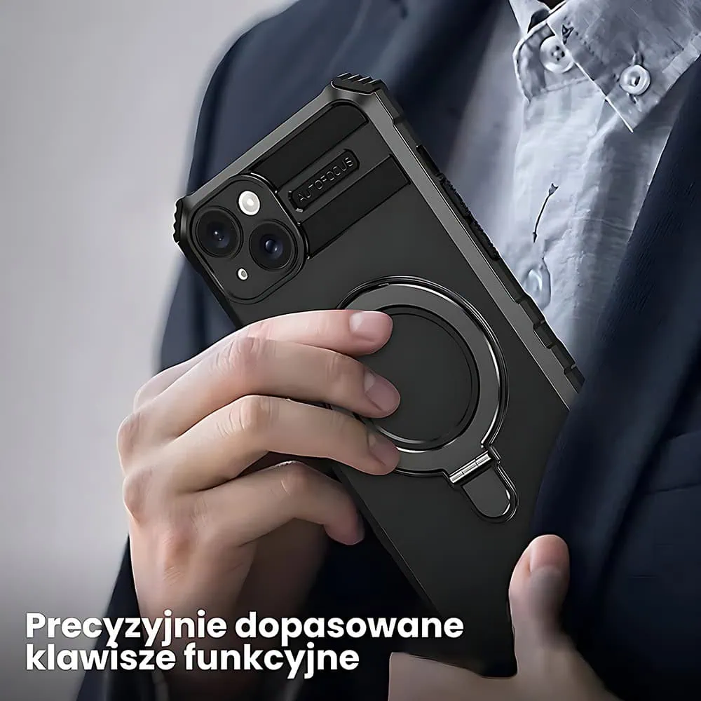 Etui do iPhone 15, pancerne, z osłoną aparatu i metalową podstawką MagSafe, czarne