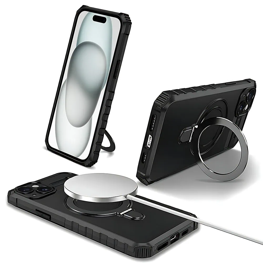 Etui do iPhone 15, pancerne, z osłoną aparatu i metalową podstawką MagSafe, czarne
