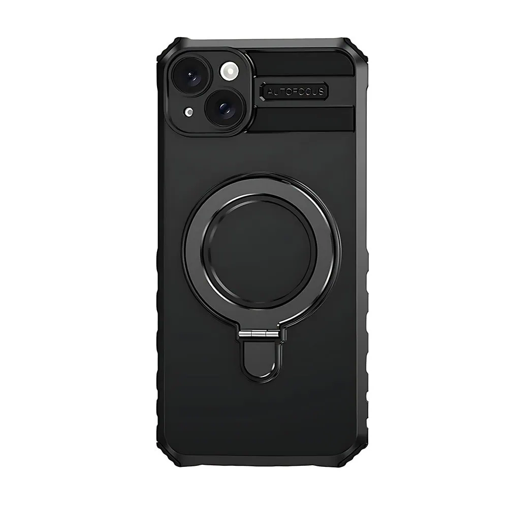 Etui do iPhone 15, pancerne, z osłoną aparatu i metalową podstawką MagSafe, czarne