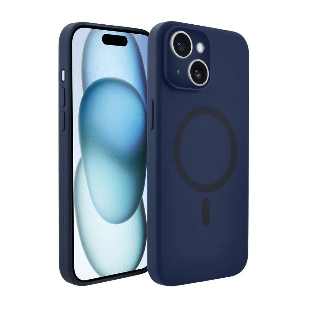 Etui do iPhone 15, silikonowe z MagSafe, mikrofibra soft touch z osłoną na aparat, granatowe