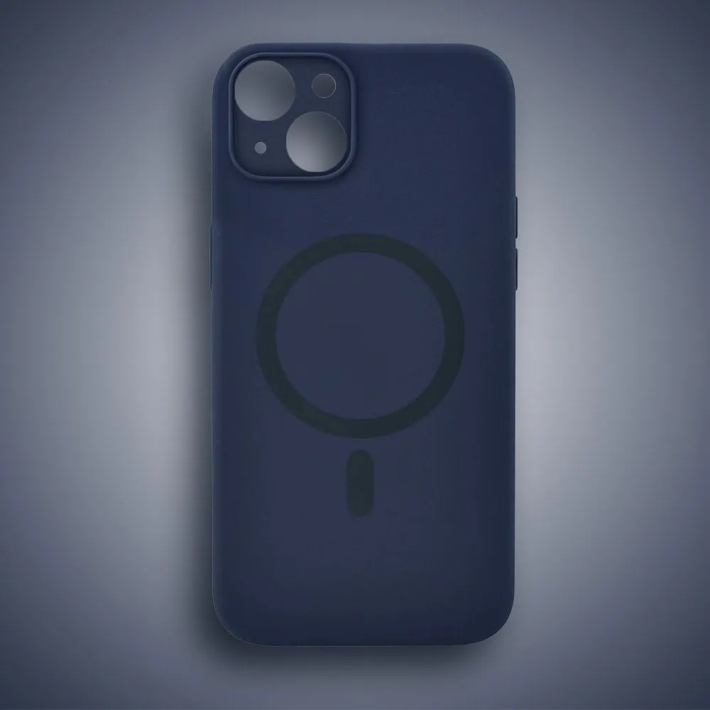 Etui do iPhone 15, silikonowe z MagSafe, mikrofibra soft touch z osłoną na aparat, granatowe