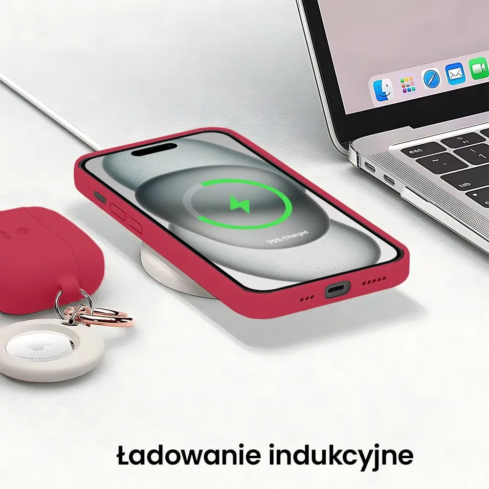 Etui do iPhone 15 Plus silikonowe z mikrofibrą soft touch z osłoną na aparat, ceglasta czerwień