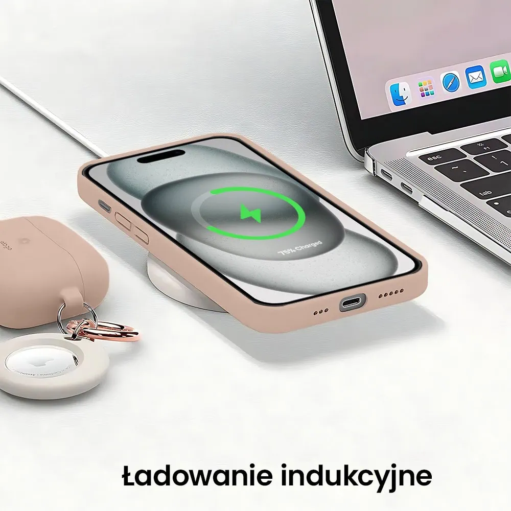 Etui do iPhone 15 silikonowe z mikrofibrą soft touch z osłoną na aparat, kawowe