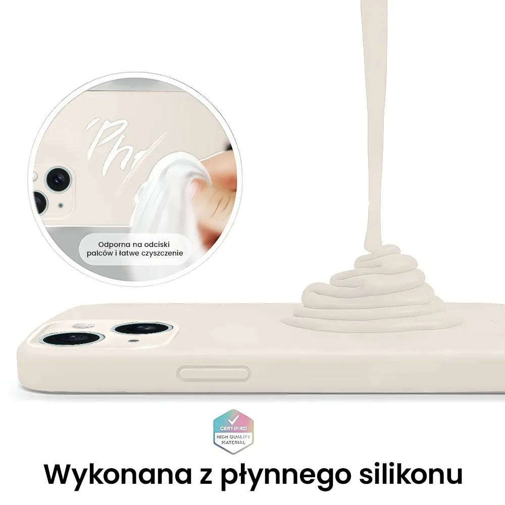Etui do iPhone 15 Plus silikonowe z mikrofibrą soft touch z osłoną na aparat, kremowe