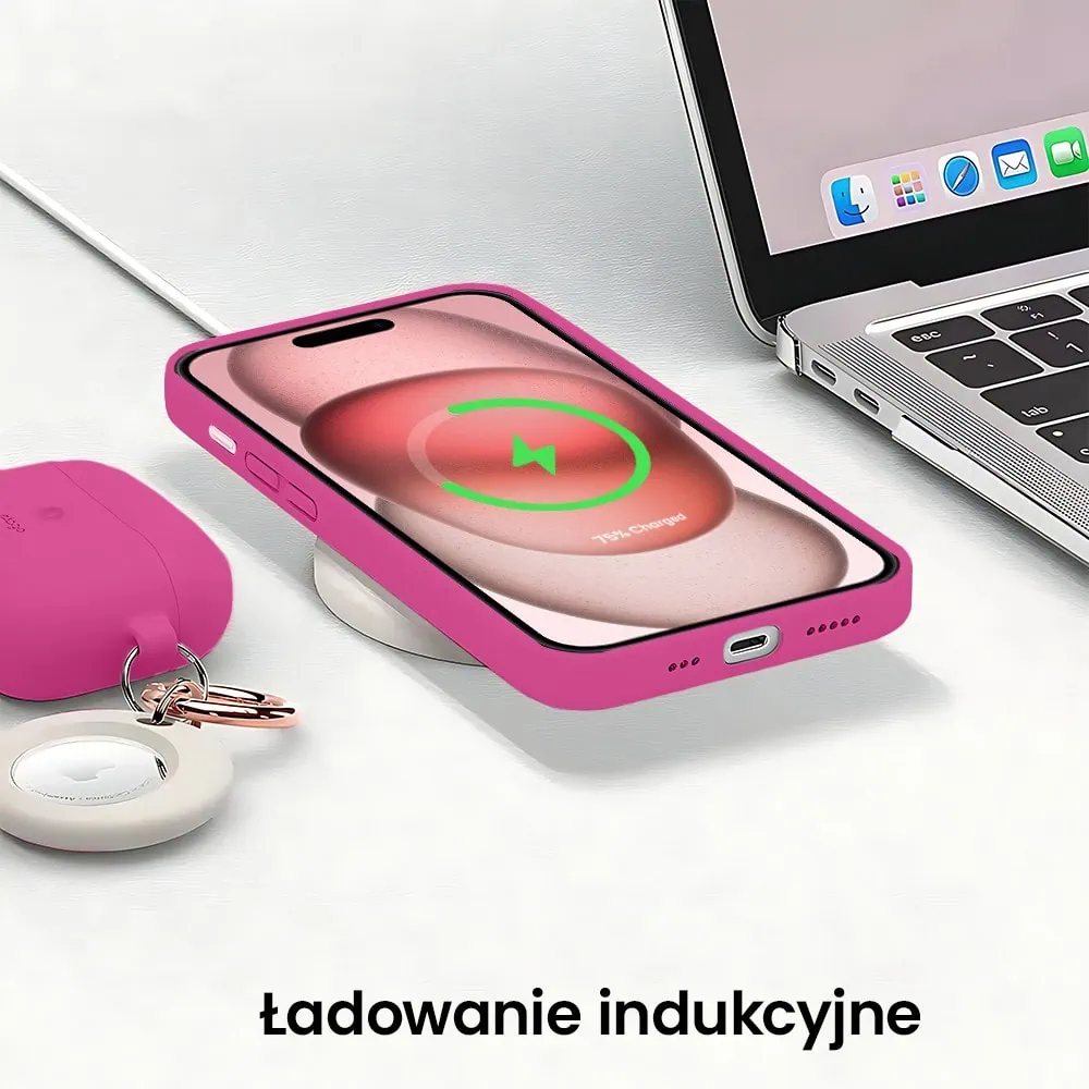 Etui do iPhone 15 Plus silikonowe z mikrofibrą soft touch z osłoną na aparat, malinowe