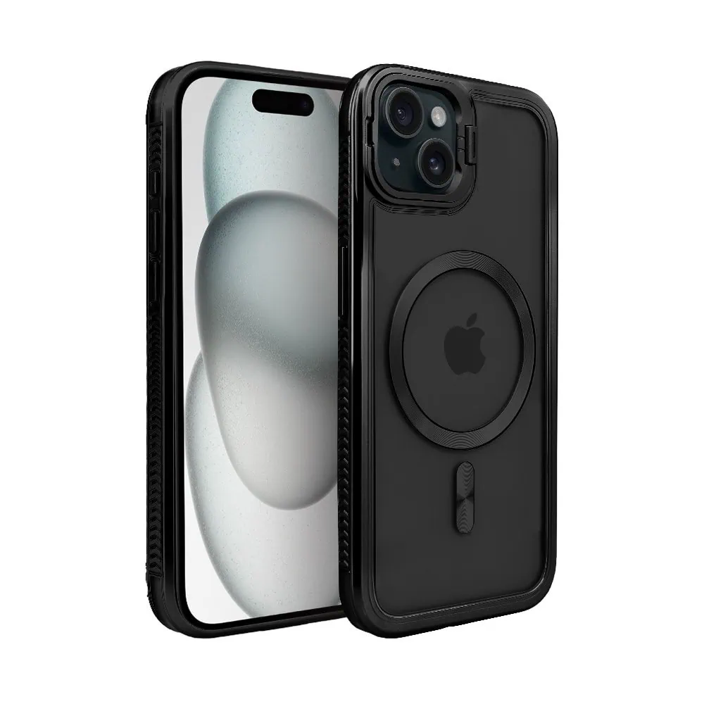 Etui do iPhone 15 solidne, pogrubione boki, wbudowana podstawka, twardy tył z MagSafe, czarne