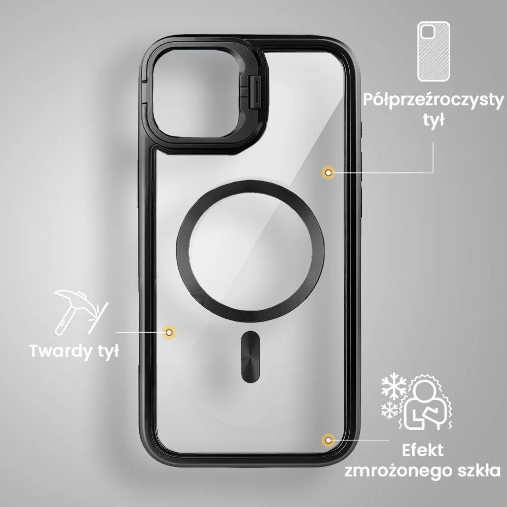 Etui do iPhone 15 solidne, pogrubione boki, wbudowana podstawka, twardy tył z MagSafe, czarne