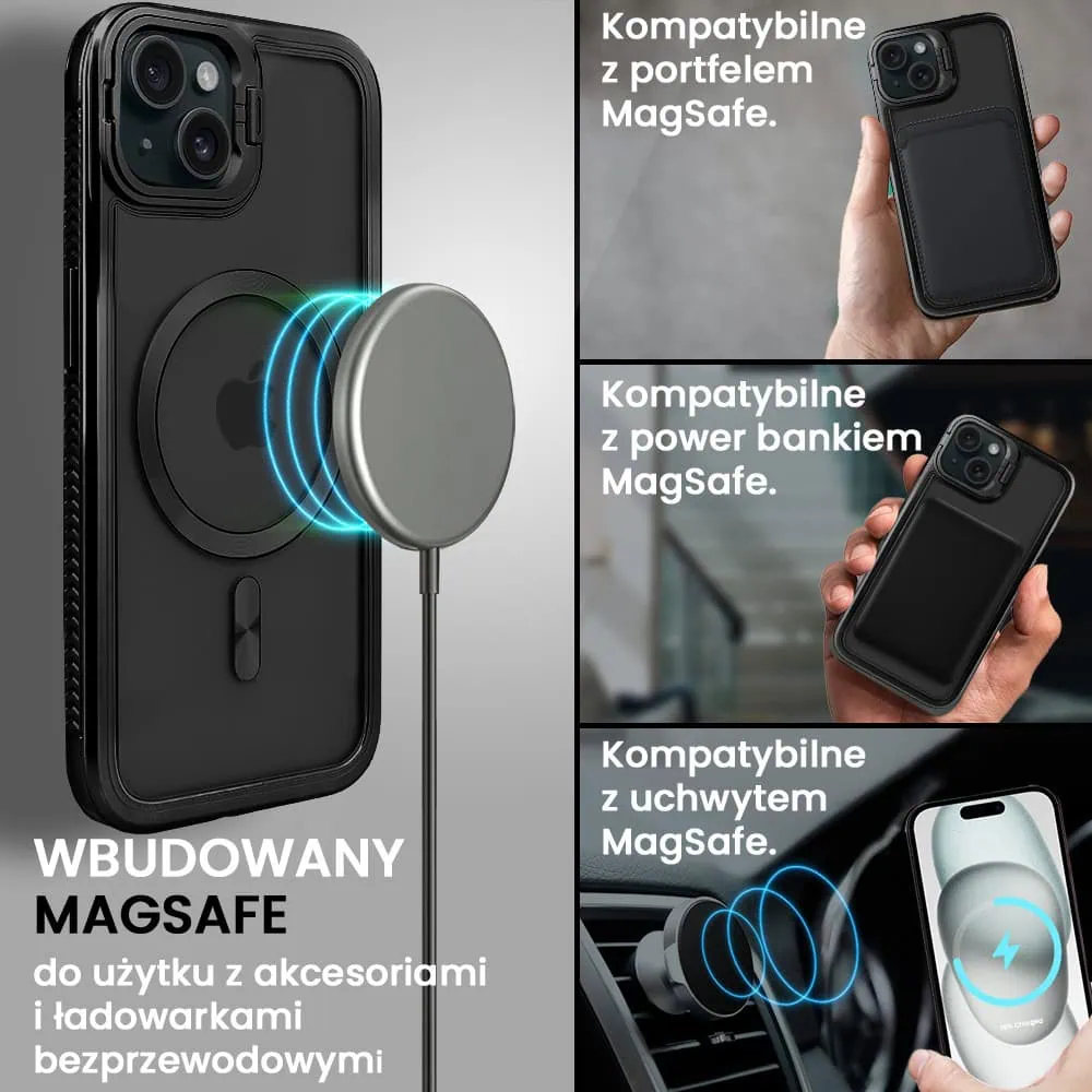 Etui do iPhone 15 solidne, pogrubione boki, wbudowana podstawka, twardy tył z MagSafe, czarne