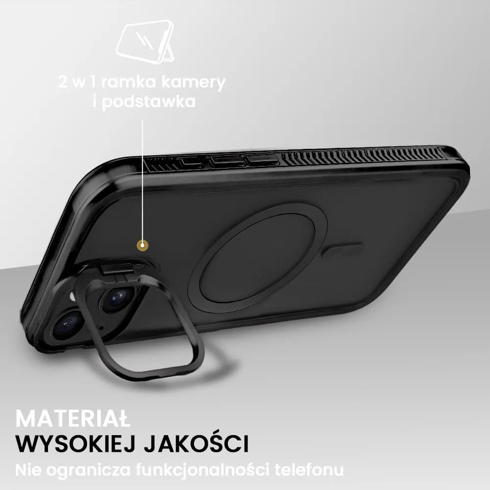 Etui do iPhone 15 solidne, pogrubione boki, wbudowana podstawka, twardy tył z MagSafe, czarne