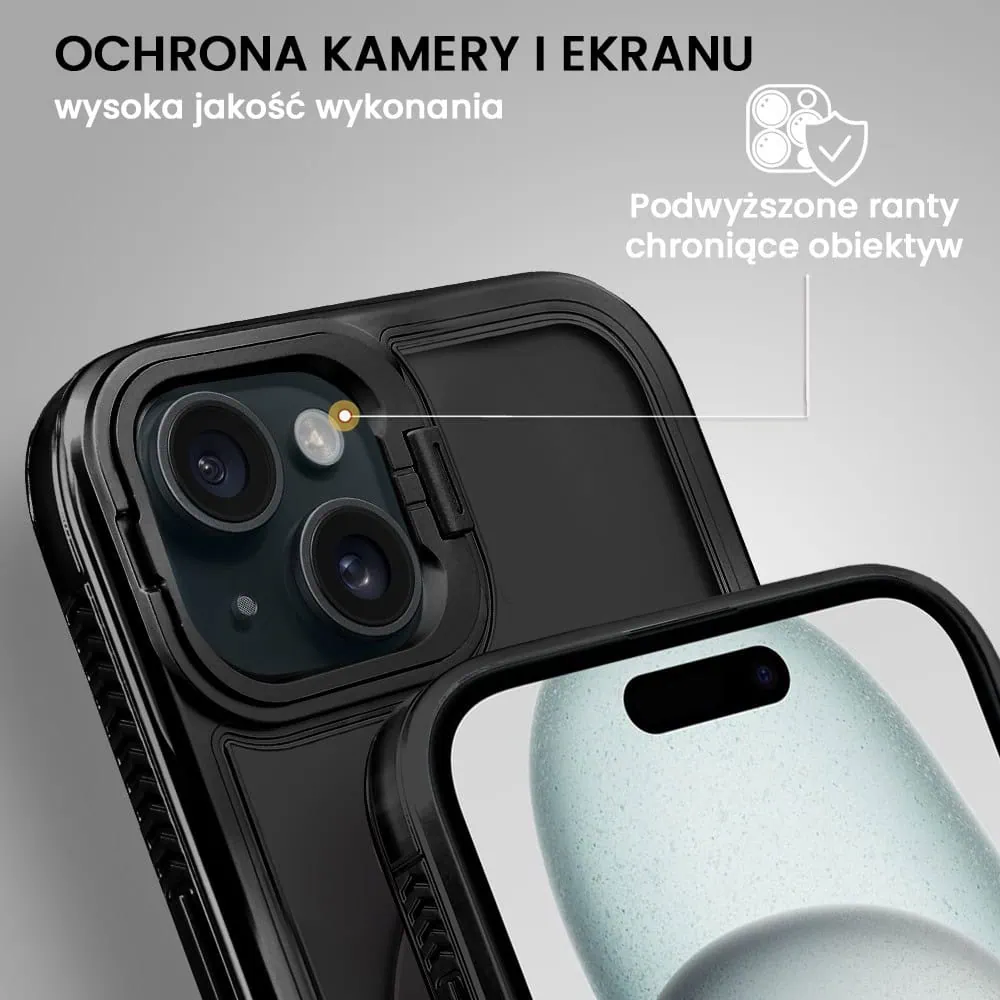 Etui do iPhone 15 solidne, pogrubione boki, wbudowana podstawka, twardy tył z MagSafe, czarne