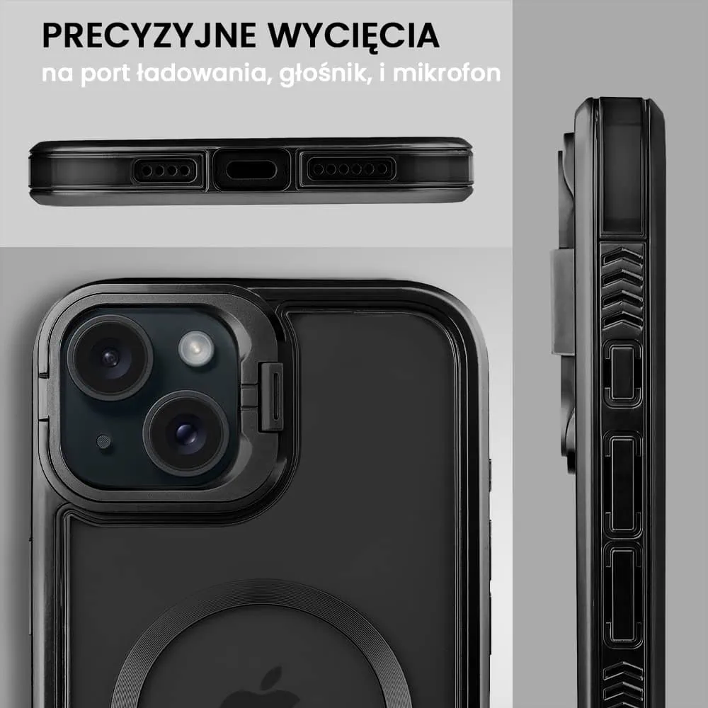 Etui do iPhone 15 solidne, pogrubione boki, wbudowana podstawka, twardy tył z MagSafe, czarne