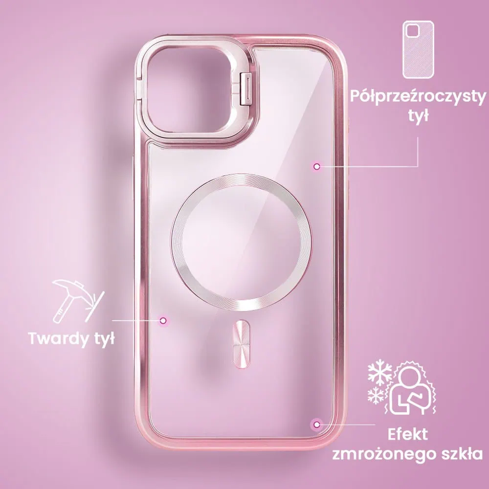 Etui do iPhone 15 solidne, pogrubione boki, wbudowana podstawka, twardy tył z MagSafe, różowe