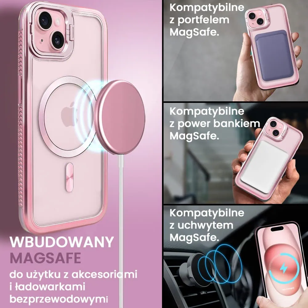 Etui do iPhone 15 solidne, pogrubione boki, wbudowana podstawka, twardy tył z MagSafe, różowe
