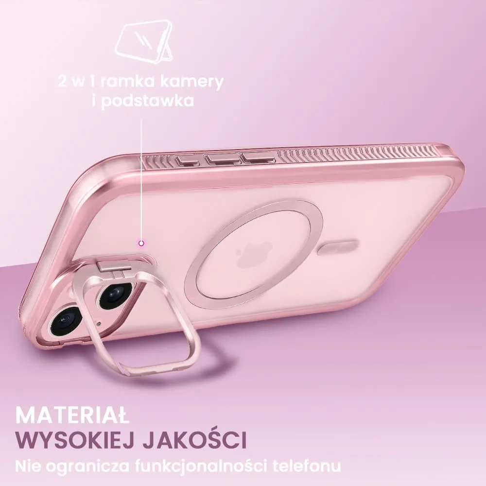 Etui do iPhone 15 solidne, pogrubione boki, wbudowana podstawka, twardy tył z MagSafe, różowe